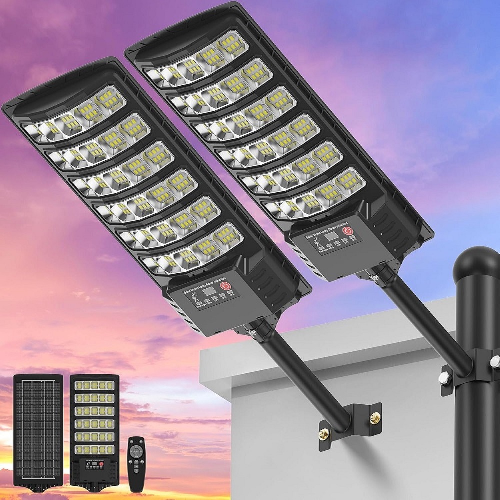 Dusk To Dawn Bulb - ポールマウント付きソーラー街路灯、夕暮れから夜明けまで点灯する屋外LED 300000LM IP65防水調整可能モード、庭、駐車場用