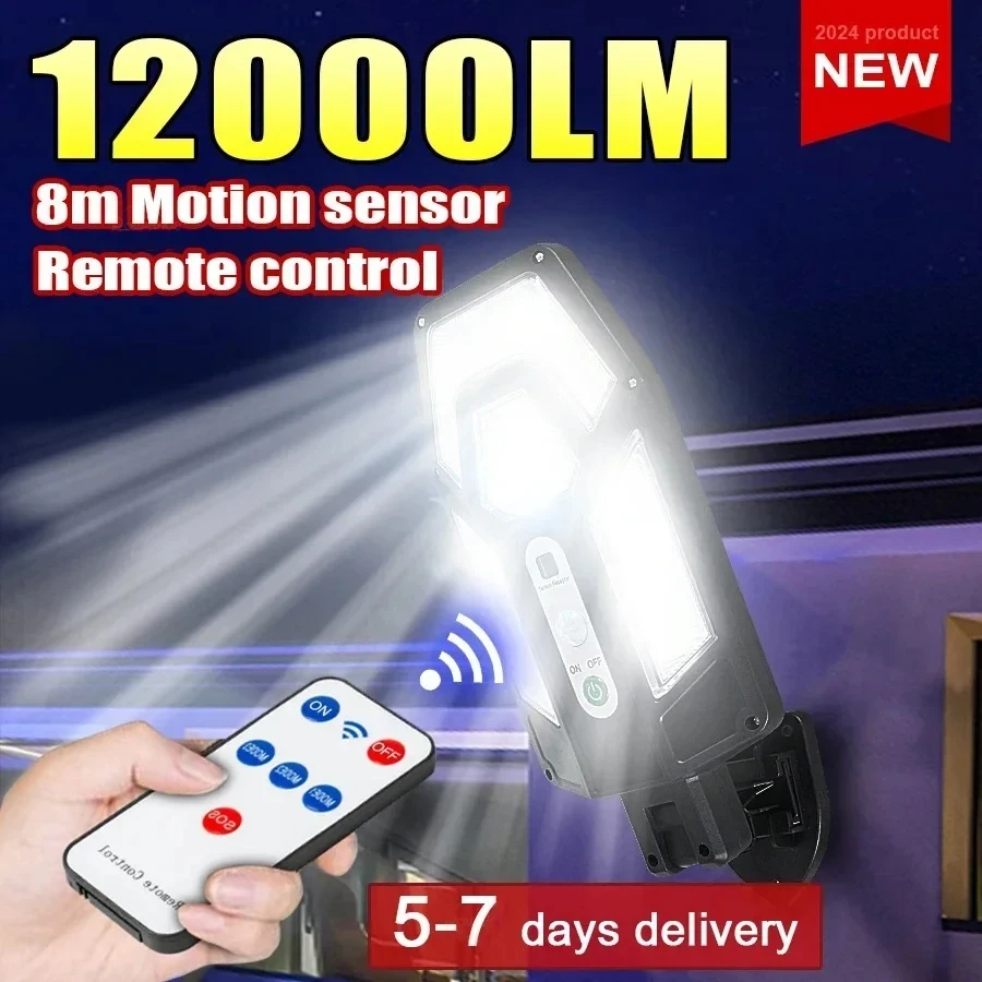 Outdoor Lighting Lux - 12000LM強力ソーラーウォールランプ、リモコン付き屋外IP65防水LED投光器、センサー付きガーデンヤードランタン街路灯