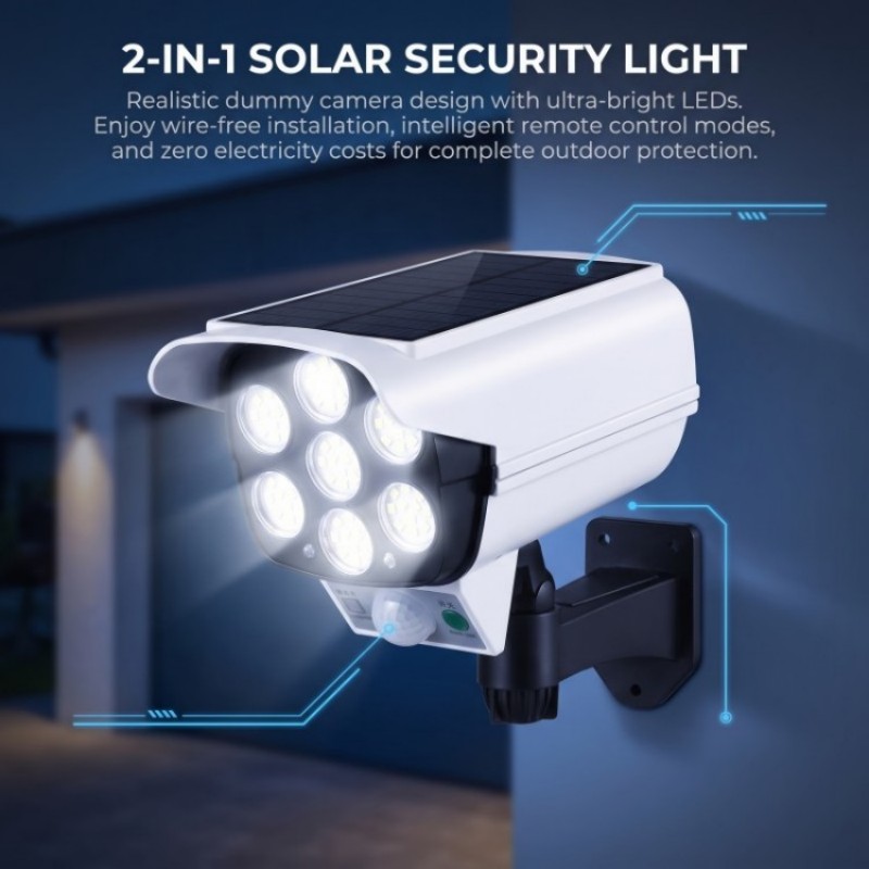 Dusk To Dawn Bulb - ソーラーセキュリティLED投光器 人感センサー付き偽カメラ壁掛けランプ IP65防水 夕暮れから夜明けまで自動点灯 庭、ヤード、パティオ用