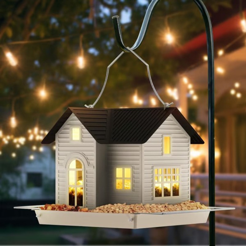 Outdoor Lighting Art - 新しい屋外ソーラーライト付き鳥の餌箱、創造的な家型の鳥かご装飾、鉄製アートクラフトオーナメント